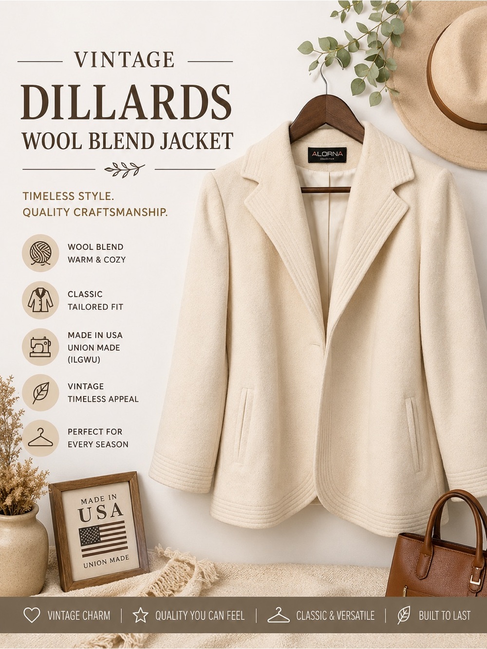 Vintage Dillards Wool Blend Women's Cream Jacket ILGWU Union‎ Made in US
